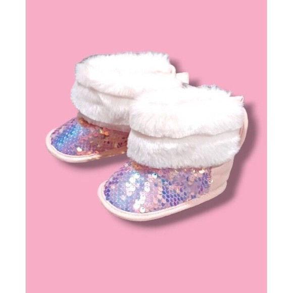 First Steps Sequin Toddler Size 4 Baby Girl Fluffy Faux Fur Shiny Slipper Boots - Picture 12 of 16